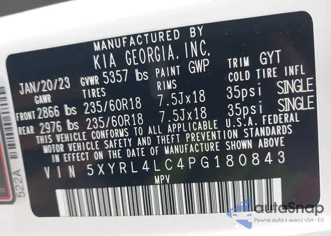 2023 Kia Sorento S z USA, uszkodzony, nr VIN 5XYRL4LC4PG180843